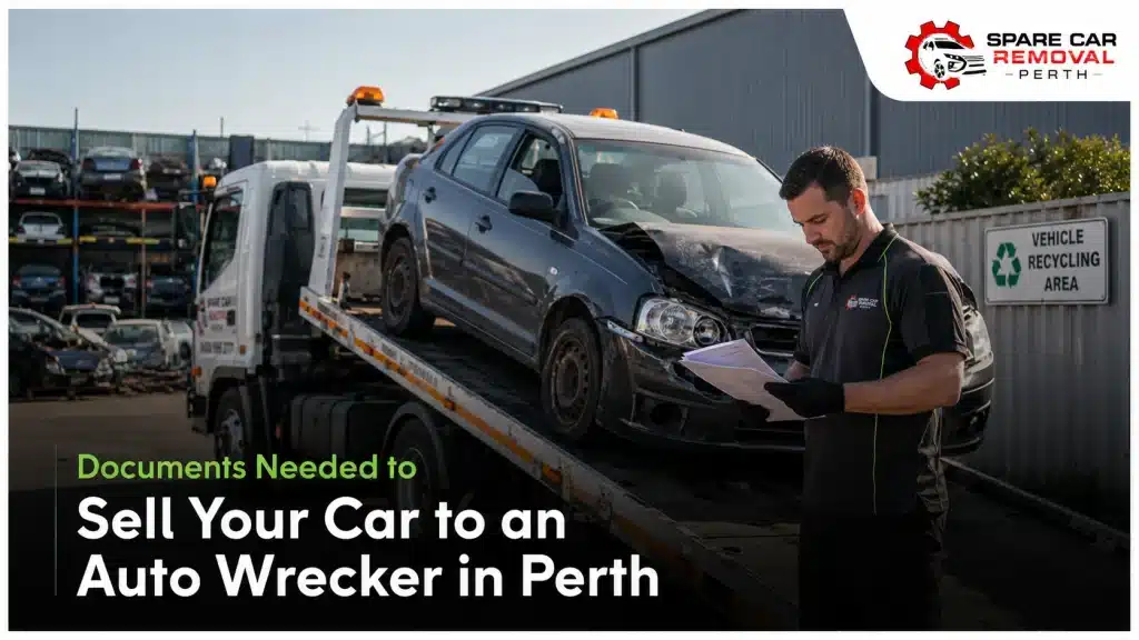 Tow truck collecting a damaged car at a clean Perth auto wrecking yard while a worker checks vehicle documents for car recycling at Spare Car Removal Perth.