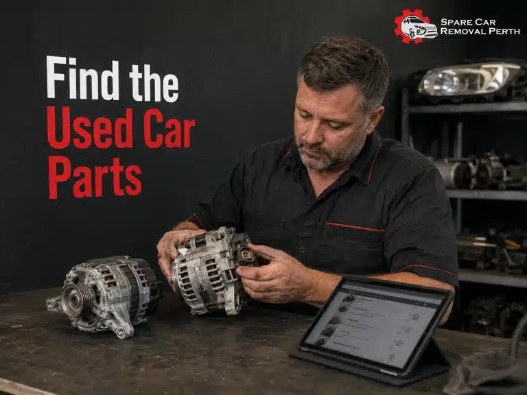 Technician comparing used car parts at a Perth auto wrecking workshop