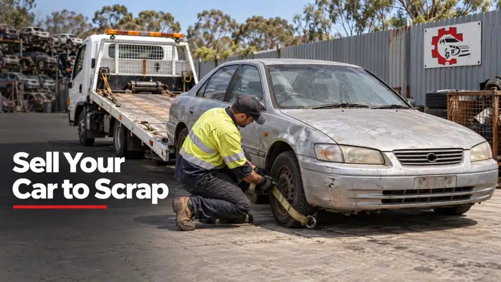 Car-removal worker preparing an old scrap car for towing at a Perth vehicle recycling yard.