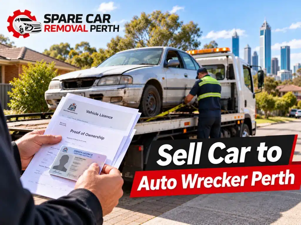 Spare Car Removal tow truck collecting an old car in Perth while the seller holds photo ID, proof of ownership and WA vehicle licence papers.