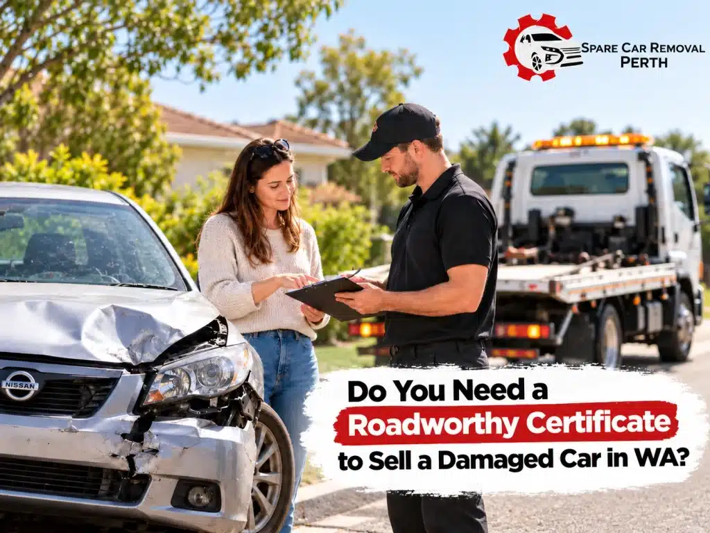 Damaged silver car in Perth with a car removal professional discussing sale paperwork with the owner beside a tow truck.